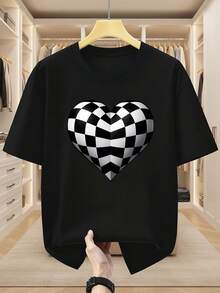 Camisetas de hombre de talla% algodón, con moderno diseño de corazones a cuadros en blanco y negro, cuello redondo y manga corta. Camiseta cómoda y casual para el verano. - Negro - Ver 1