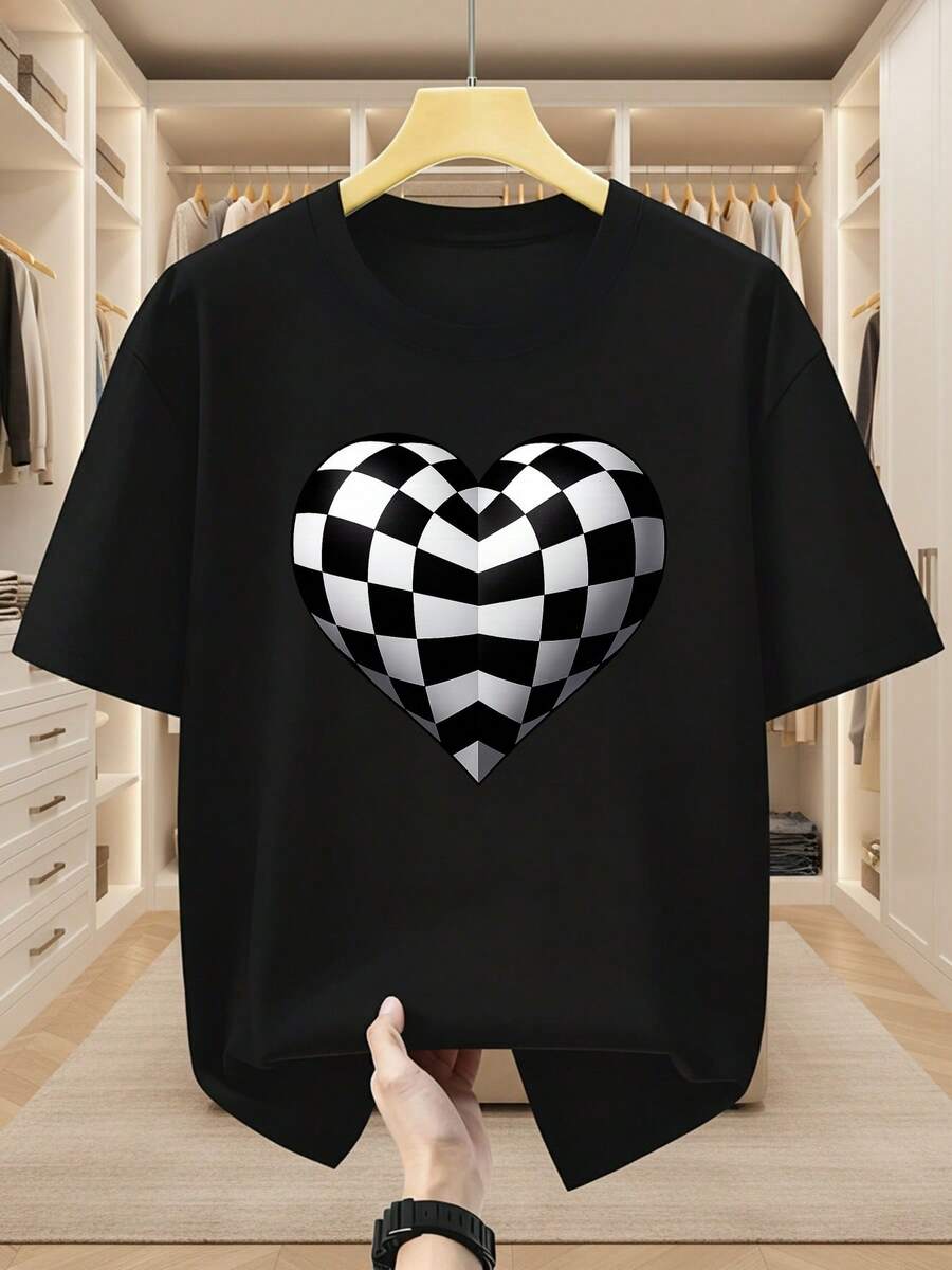 Camisetas de hombre de talla% algodón, con moderno diseño de corazones a cuadros en blanco y negro, cuello redondo y manga corta. Camiseta cómoda y casual para el verano. - Negro - Ver 1