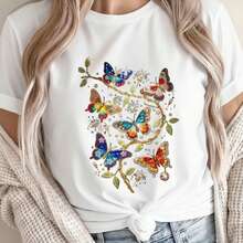 Camiseta de Mujer para Ocio y Fitness, Viajes, Fiestas Universitarias, con Estampado de Mariposas y Enredaderas - negro - Ver 2