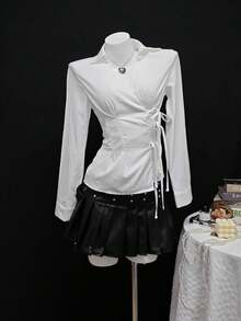 Fitted Collared Wrap Long Sleeve Side Tie Waist Solid White Blouse Casual Daily Top - White - View 5