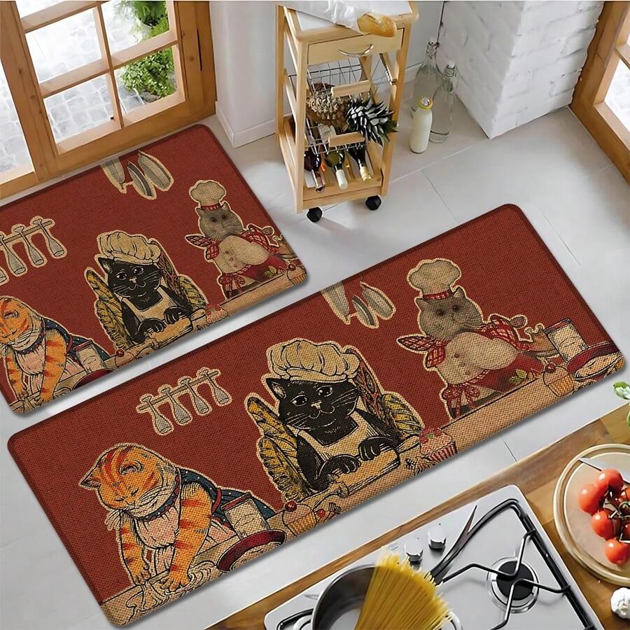 1 buah, Dekorasi Rumah, Motif Kucing Koki, Karpet Dapur Linen, Alas Dapur, Alas Lantai, Alas Kamar Mandi, Alas Pintu, Cetakan 3D Persegi Panjang, Cocok Untuk Ruang Tamu, Kamar Tidur, Lorong, Kamar Mandi, Ruang Cuci - Karpet Poliester, Cocok Untuk Dekorasi Rumah Dalam dan Luar Ruangan - MultiWarna - View 1