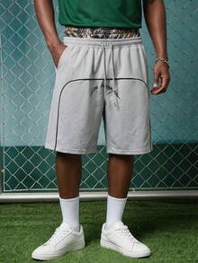 Men's Letter Print Drawstring Waist Pocket Casual Shorts - Grey - View 1