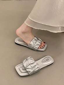 Women's Flat Square Toe Solid Color Sandals, Suitable For Beach, Home, Shopping, Dating, Office, Commuting, Fashion Casual - Silver - View 5