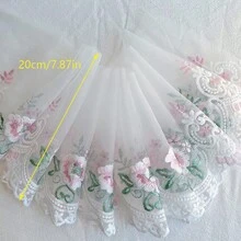 2碼白色網紗粉色/藍色花卉刺繡蕾絲飾邊，裙擺延伸配件，洋裝領口DIY裝飾材料 - 蕾絲刺繡蕾絲 - 查看 3