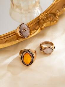 A 6-Piece Women's Vintage-Style Multi-Colored Gemstone Stacking Ring Set, Featuring A Unique Gold Ring, Suitable For Both Vacation And Everyday Wear. - Ancient Gold - View 5