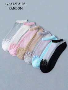 1/6/12 pares (mezcla aleatoria) de calcetines de moda dulce para mujer, diseño con ribete de encaje, calcetines cortos transparentes y cómodos, esenciales para salidas de primavera y verano - Multicolor - Ver 2