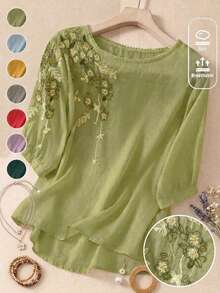 Women's Embroidered Loose Bohemian Vintage Blouse, Casual Spring/Summer Top - Light Green - View 3
