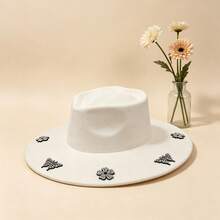 Elegant  Felt Hat With Sparkly Rhinestone Butterfly  Flower Details For Daily  Vacation Outfits - White. - View 3