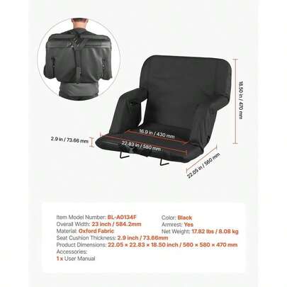 [Free Shipping] Stadium Seat, 6 Adjustable Angle Wide Bleacher Chair, 2.9'' Cushion Padded Stadium Seat With Armrest And Back Support, Stadiums Chair With Hook Cupholder For Picnics, Beach Sports, And Gaming-XY997102