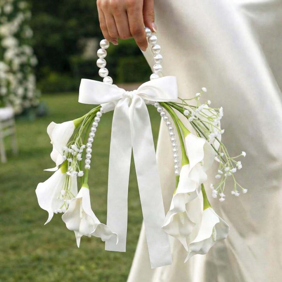 1pc Bridal Wedding Accessory, Artificial Gypsophila & Calla Lily Bridal Bouquet With Pearls And Bow, Artificial Wedding Hand Bouquet, Father's Day Gift, Bridesmaid Flower Decor