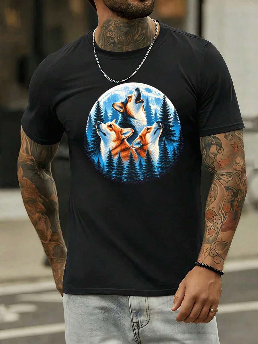 Corgi Moon Forest Grafik-T-Shirt für den Herbst, 100 % Baumwolle, bequeme Passform, atmungsaktiv, Street Hip-Hop, einzigartiger Grafikdruck - Schwarz - Übersicht 1