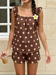 Womens 2 Piece Pajamas Set Cute Ruffle Sleeveless Dots Print Tops + Shorts Set Lounge Clothes - Brown - View 3