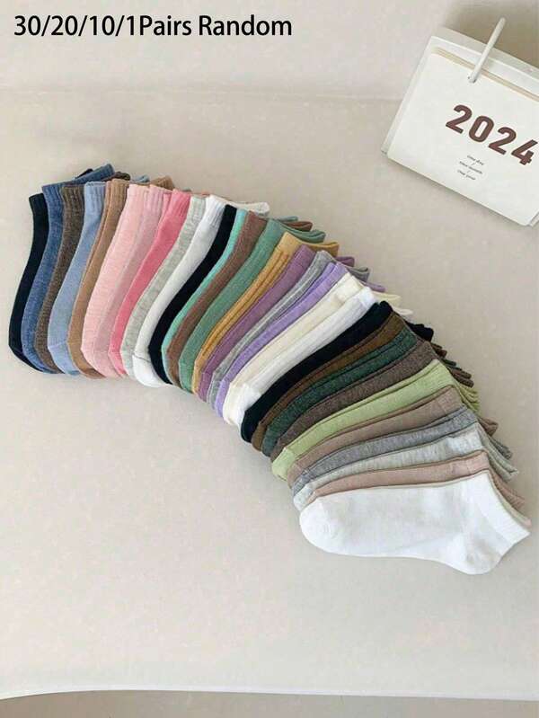 30/20/10/1 Pares de Calcetines Cortos para Mujer: Color Caramelo, Lazo de Encaje, Patrón de Corazón, Estilo a Rayas, Suaves y Cómodos, Casuales y Versátiles, Calcetines de Tobillo para Estudiantes, Adecuados para Uso Diario, Colores Mezclados Aleatoriamente