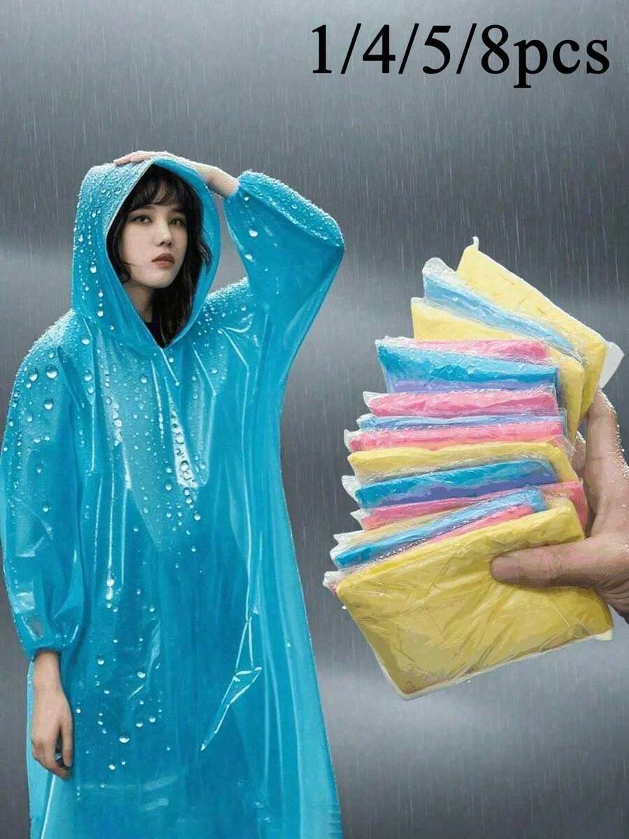 1/2/3/4/5/8件裝一次性便攜式雨披，輕量透明防水成人緊急雨衣，隨機款式，適合露營、徒步