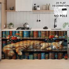 1pc, Home Decor, Cat Pattern Printed Table Skirt, Kitchen Small Curtain, Kitchen Cabinet Cover, With Curtain Holes, Easy To Hang, Rectangular, Machine Woven, Machine Washable, Kitchen Decoration And Accessories, Perfect For Kitchen Cabinets And Home Decor - Multicolor - View 5
