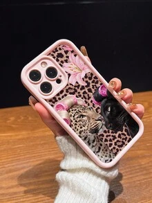 性感捲髮豹紋百合花卉霧面防摔手機殼，適用於 iPhone 11 12 13 14 15 16 13 Pro Max 16 Plus XR 7 8p 17 Pro Max 15 Pro Max 13 Pro 及其他機型，時尚女款手機殼 - 粉色 - 查看 3