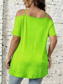 Top de hombros caídos liso de talla grande para mujer - Verde - Ver 3