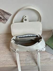 Women's Shoulder Bag, Fashion Studded Motorcycle Bag, Gold Street Style Versatile Underarm Bag, Baguette Bag - White - View 7