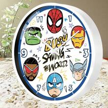 MINISO Marvel「忙著拯救世界」壁鐘，靜音無滴答石英鐘，附蜘蛛人、鋼鐵人、浩克、美國隊長、雷神、獵鷹素描風格頭像，圓形裝飾掛鐘，適合超級英雄迷兒童臥室男孩房牆面藝術 - 黑色的 - 查看 2