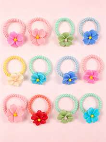 14pcs Non Damaging Hair Colored Flower Thread Hair Rope Cute Thumb Hairband Cute Headband Hair Accessories (Color Random) - Multicolor - View 4