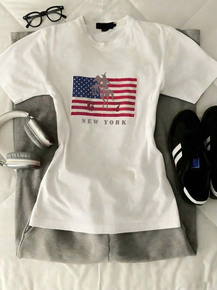 Women's Casual Printed T-Shirt, Short Sleeve And Round Neck, Local Urban Fashion Spring/Summer. Women's Blouses, Women's T-Shirts. 180g (S-XXXL) - 白色的 - 查看 1