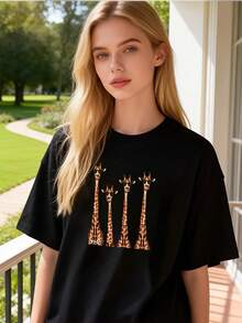 Women's Pure Cotton Oversized Crew Neck Short Sleeve T-Shirt Casual Summer Giraffe Print Graphic Tee - Black - View 6