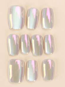 30pcs Short Square Press-On Nails/Summer Hot Girl Style Silver Plated Gradient Minimalist Design Nail Stickers, Suitable For Parties, Holidays And Daily Use, Includes 1pc Jelly Glue And 1pc Sanding Strip - Multicolor - View 3