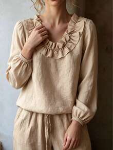 Women Linen‑Look Ruffle Trim Round Neck Blouse, Casual Long Puff Sleeve Lo‑Fit Blouse For Daily Office - Khaki - View 6