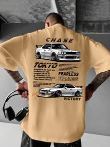 Men's Short-Sleeved T-Shirt With Slogan Lettering Print And Racing Parameter Illustrations, European And American Urban Style For Adults. - 白色 - 查看 6