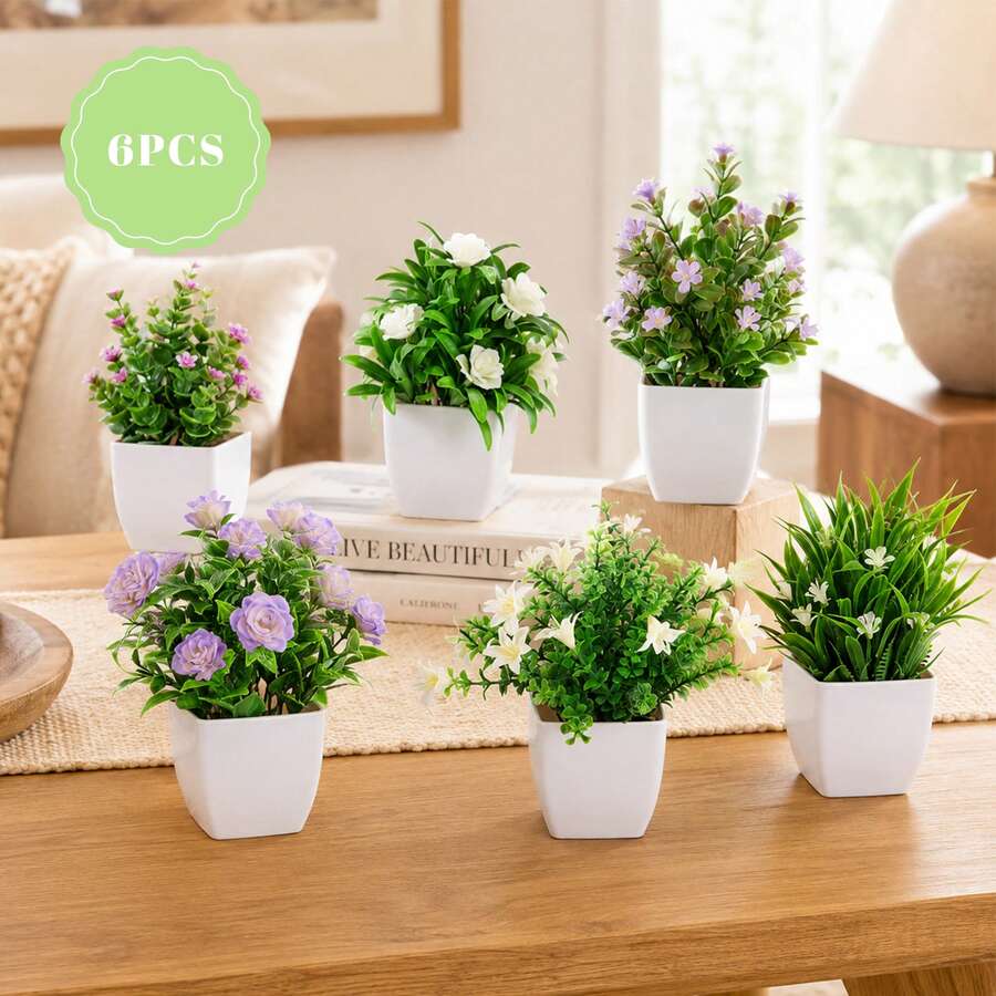 Der Rose 6 Packs Small Fake Plants Mini Artificial Faux Plants With Flowers For Home Room Farmhouse Bathroom Decor Indoor - xanh 6 gói - Xem 1