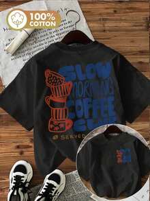 Printed Cotton T-Shirt With A Hand-Drawn Coffee Cup Design And Slogan On Both Sides. - 黑色 - 查看 1