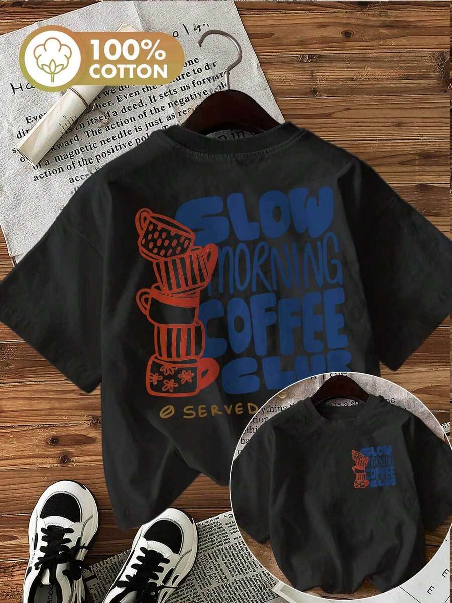 Printed Cotton T-Shirt With A Hand-Drawn Coffee Cup Design And Slogan On Both Sides. - 黑色 - 查看 1