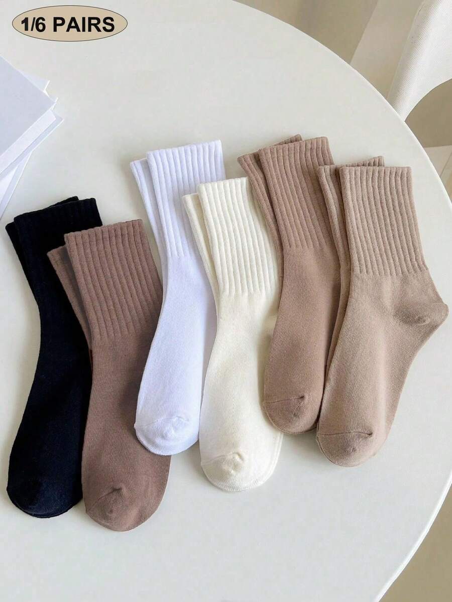 1/6 Pairs Multicolor Solid Color Socks Set, Versatile Sports Slouch Socks For Women, Mid-Calf Socks For Autumn/Winter - Multicolor - View 1