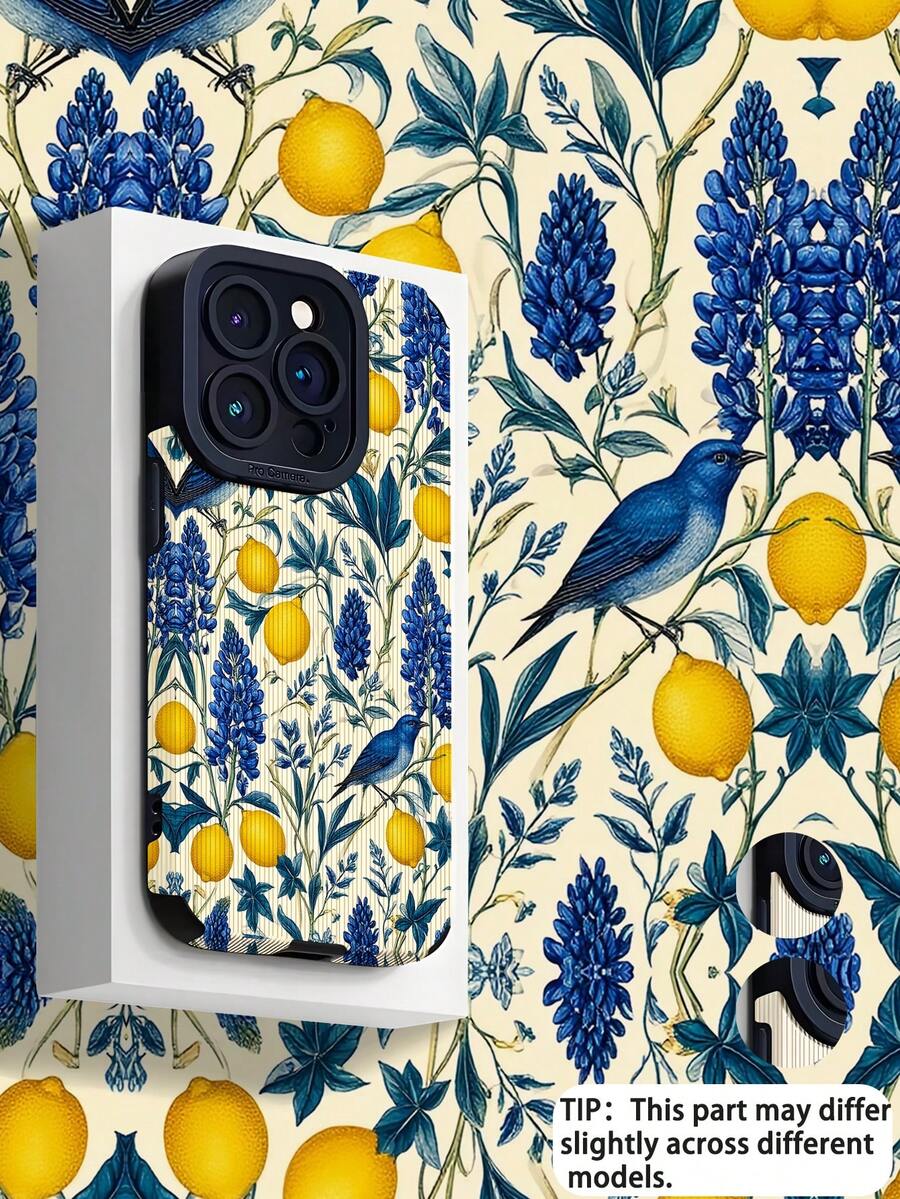 1pc Vintage Blue Floral & Lemon Pattern Vertical Stripe Faux Leather Classic Shockproof Soft Phone Case Compatible With Apple And 17/17 Air/17PRO/17PROMAX/16/16PLUS/16PRO/16PROMAX15/15PLUS/15PRO/15PROMAX - Multicolor - View 1
