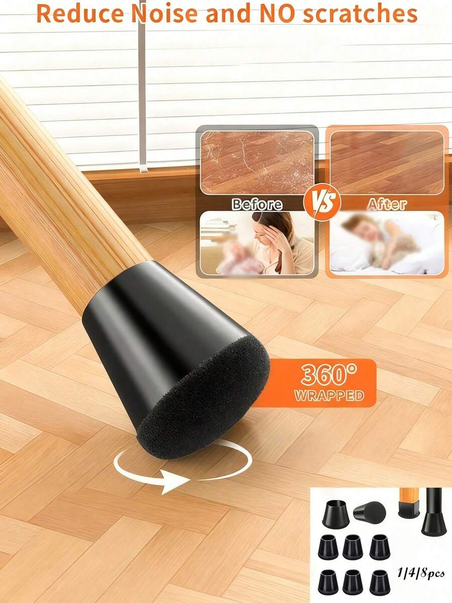 4/8pcs Black Round Silicone Chair Leg Floor Protectors,Scratch Resistant, Noise Reducing, Durable With 360° Full Wrap Felt Base For Enhanced Floor Protection,Thickened Design, Easy To Clean, Chair Leg Floor Protectors,Furniture Protection,1pc - Multicolor - View 1