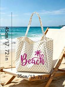 白色波點海灘托特包，飾有「Beach」字母與棕櫚樹印花，大容量帆布單肩包，可重複使用，適合購物與旅行，可折疊帆布單肩托特包，通勤包，平板電腦包，收納包，夏季必備旅行包 - 彩色 - 查看 10