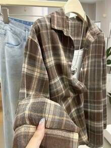 Women's Plaid Flannel Shirt, Collared Button Front, Long Sleeve Drop Shoulder, Regular Length, Non-Stretch Polyester Fabric, Autumn/Winter - Brown - View 5