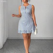 xuehuamaoyi02  Vestido de verano elegante con estampado floral de cuello redondo sin mangas y ajustado para mujer de talla grande, vestido de verano cómodo y casual, - Rosa Fucsia - Ver 6