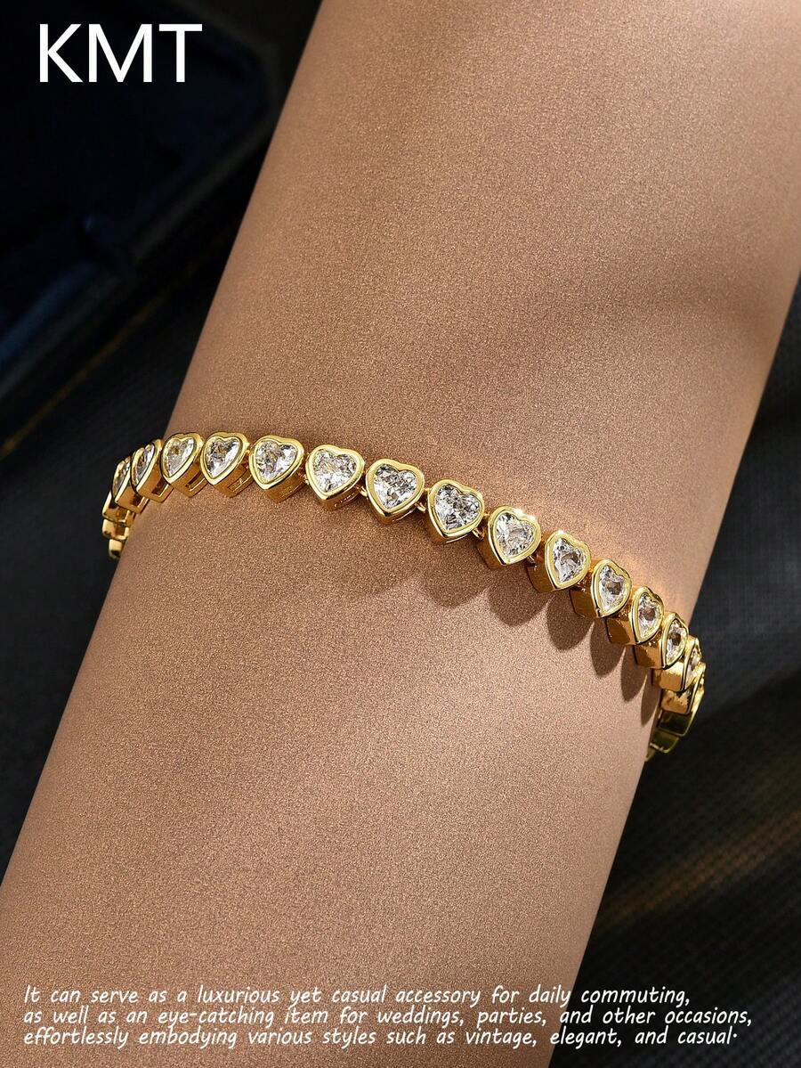 KMT 1 chiếc vòng tay tennis hình trái tim đính đá Zirconia sang trọng bằng đồng kèm hộp quà tặng, thời trang dành cho nữ - hình trái tim - Xem 1
