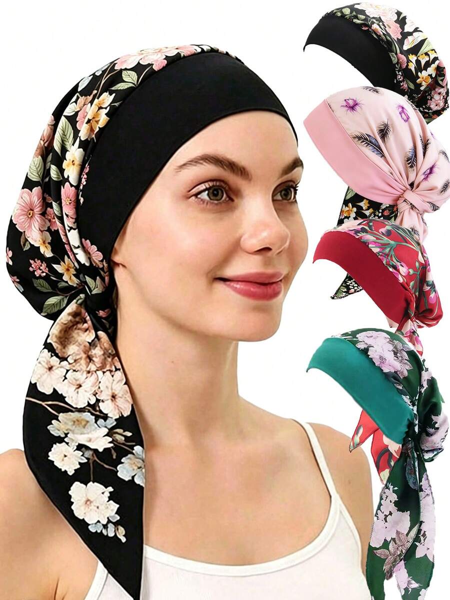 1 pieza Pañuelo de cabeza estilo bohemio con estampado floral de plumas, pañuelo de cabeza antideslizante con forro de satén suave y estampado floral con lazo ajustable en la parte posterior, accesorio para la cabeza de tela suave para mujer, gorro de hijab islámico preatado, adecuado para uso diario y quimioterapia, accesorio para la cabeza de quimioterapia para mujer, gorro de quimioterapia ligero de verano con pañuelo, diadema de moda suave y sedosa
