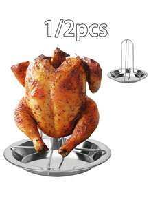 1/2pcs Stainless Steel Chicken Roasting Rack - Multifunctional BBQ Roasting Rack With Drip Tray, Suitable For Grilling, Oven, Non-Stick, Foldable, Multifunctional BBQ Accessory For Outdoor Cooking And Camping, Ensures Perfectly Roasted Chicken Every Time - Multicolor - View 1