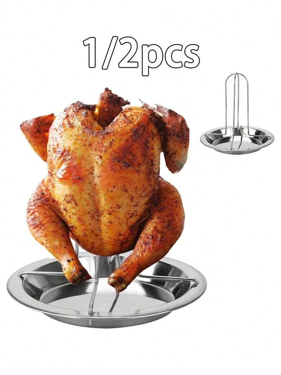 1/2pcs Stainless Steel Chicken Roasting Rack - Multifunctional BBQ Roasting Rack With Drip Tray, Suitable For Grilling, Oven, Non-Stick, Foldable, Multifunctional BBQ Accessory For Outdoor Cooking And Camping, Ensures Perfectly Roasted Chicken Every Time - Multicolor - View 1