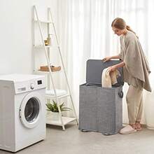 Lifewit Cesta Doble para Ropa Sucia con Tapa y Bolsas de Lavandería Extraíbles Grande Plegable Cesto para la Ropa Sucia con 2 Compartimientos y Asas para Dormitorio Baño Cuarto de Lavado - Gris - Ver 7