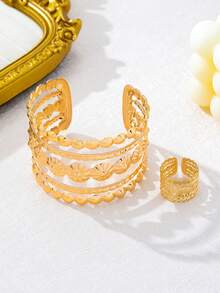 European And American Style 2pcs/Set Bohemian Pattern Bracelet And Ring Set, Versatile Daily Commute Party Women's Layered Jewelry Accessories - Yellow Gold - View 2
