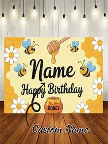 1pc Customizable Bee Themed Birthday Party Backdrop, Cute Cartoon Honeycomb Daisy Personalized Birthday Party Name Design Party Banner Decoration Prop, Vinyl,Party Top, Vibrant Party Banner - E - View 1