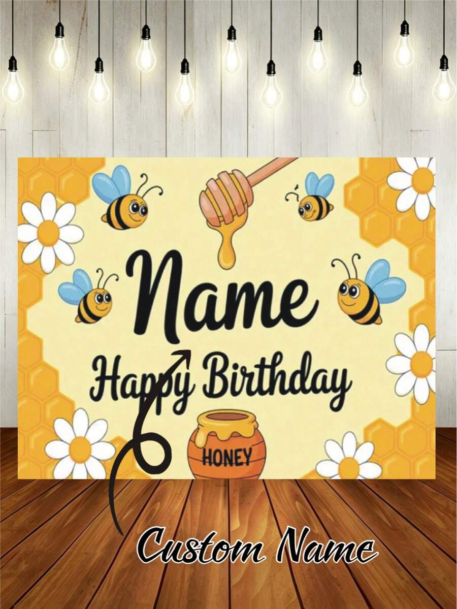 1pc Customizable Bee Themed Birthday Party Backdrop, Cute Cartoon Honeycomb Daisy Personalized Birthday Party Name Design Party Banner Decoration Prop, Vinyl,Party Top, Vibrant Party Banner - E - View 1