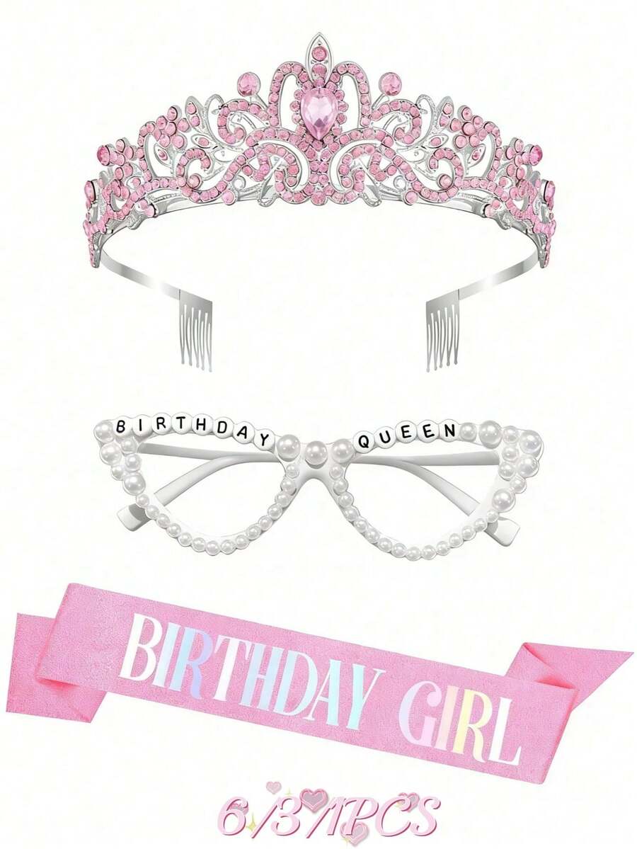 6/3/1 套女孩生日裝飾套組,包含生日披肩、粉色生日皇冠、粉色生日女孩腰帶、生日女王眼鏡、生日派對禮物,時尚閃亮(非時尚眼鏡) - 彩色 - 查看 1