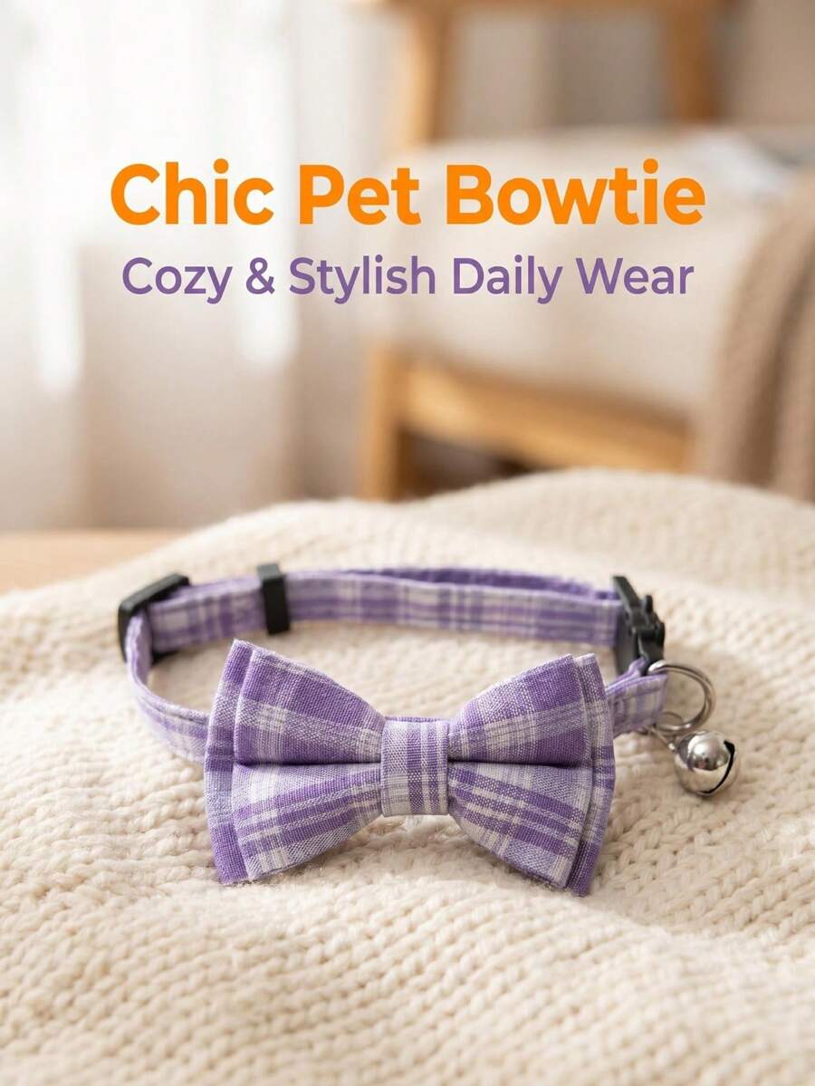 1 buah Kalung Hewan Peliharaan Motif Kotak-kotak Ungu dari Poliester dengan Pita yang Dapat Dilepas dan Lonceng, Cocok untuk Kucing dan Anjing Kecil, Penggunaan di Dalam dan Luar Ruangan - Purple - View 1
