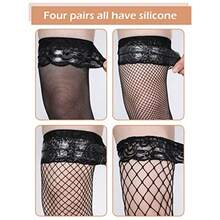 4/6/ Pairs Fishnet Thigh High Stocking For Women Silicone Lace Top Sheer Over Knee Stockings - Black - View 6