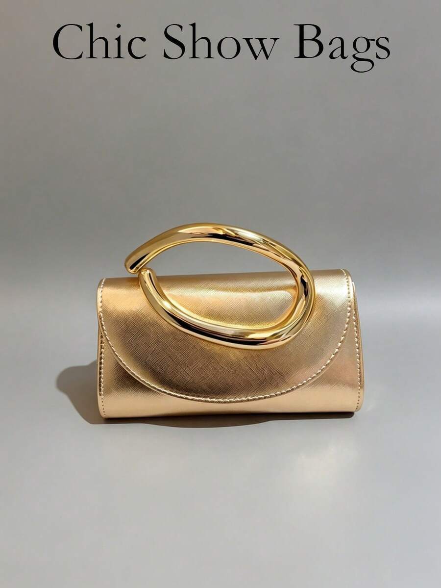 1 Stück modische Mini-Clutch mit Metalldekor, elegante glänzende Damenhandtasche mit Metallstreifen-Dekor, geeignet für Abendkleid, Party, Hochzeit, Ball, mit Metallkette, Party-Tasche, Hochzeitszubehör - Gold - Übersicht 1